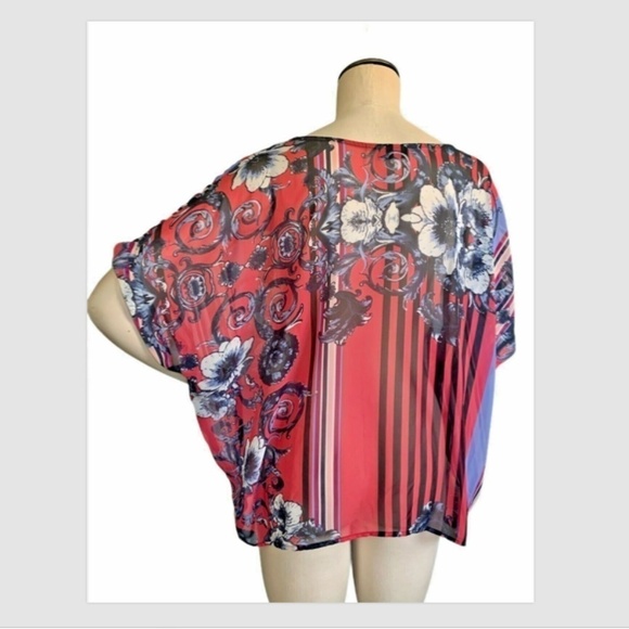 Allen B Relaxed Kimono Top Womens Sz L Pink Multicolor Floral Sheer #224E - Picture 3 of 4